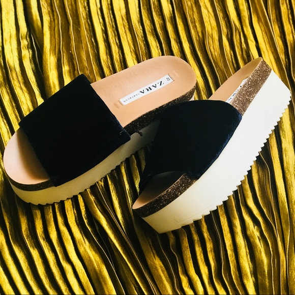 Zara Blue/Navy Velvet Platform Wedge Sandals - Picture 4 of 4